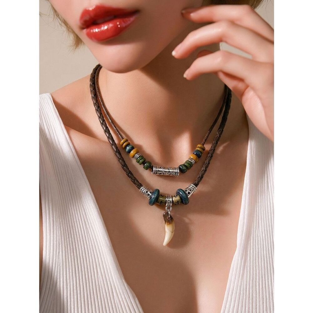 Wolf Tooth Fang Necklace Layered Boho Tribal Braided Leather Cord Talisman Edge